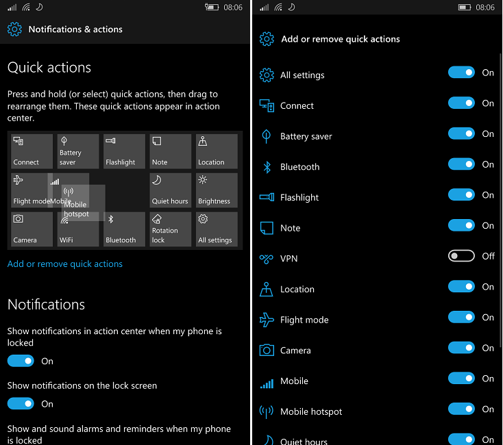 Настройка win mobile. Быстрые действия Windows 10. Выбор действия Windows 10. Быстрое действие как включить.