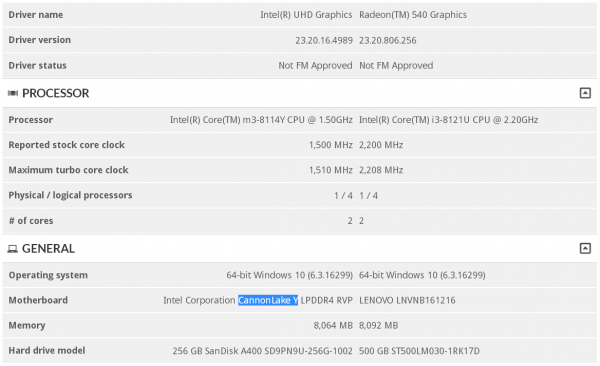 Intel Core m3-8114Y: сведения о первом процессоре Cannon Lake-Y - «Новости сети»